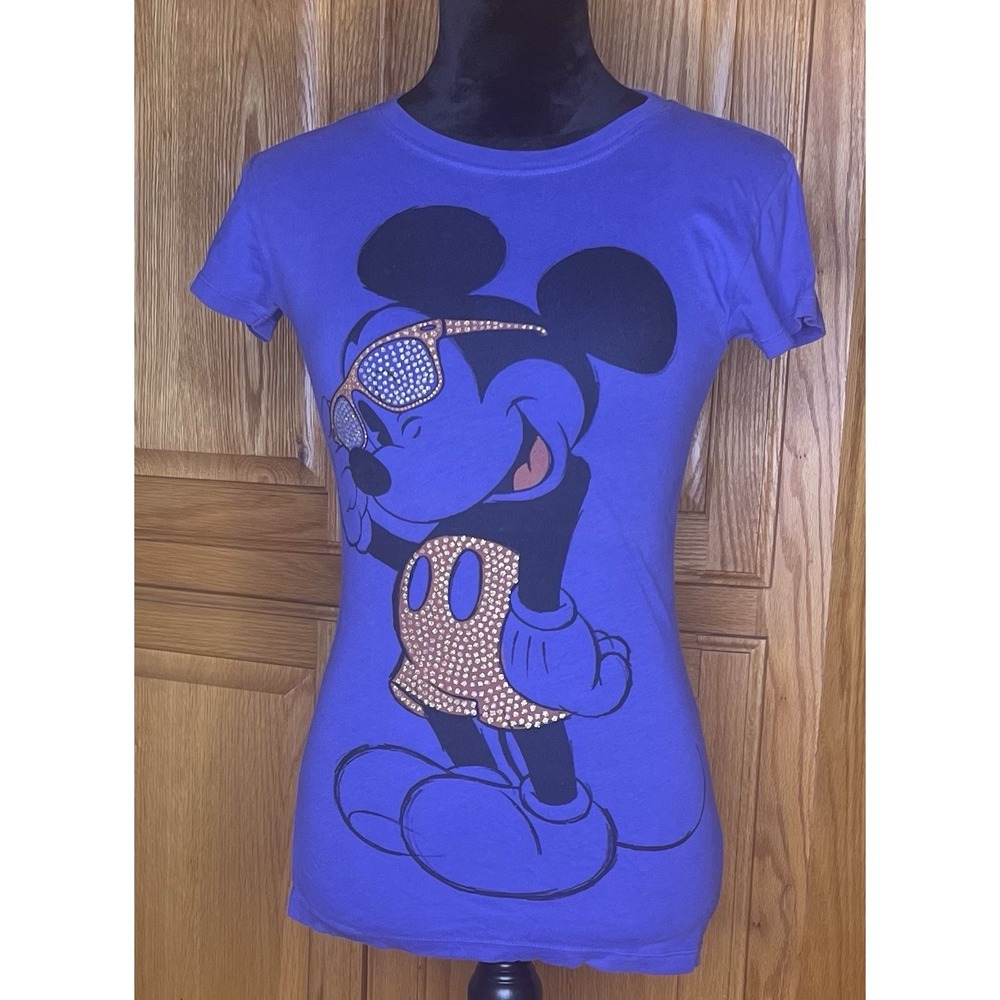Disney Mickey Mouse With Sunglasses Purple Tee Shirt Small Juniors Slim